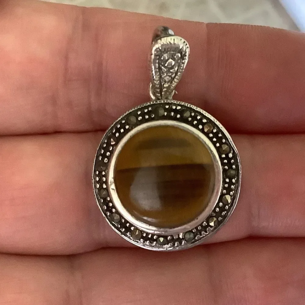 𝅺sterling SILVER 925 TIGER EYE MARCASITE WOMAN PENDANT​